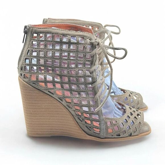 JEFFREY CAMPBELL‎ Cuadro-Hi Wedge Lace-Up Lattice Sandals Beige Taupe Sz 8 - Picture 9 of 11
